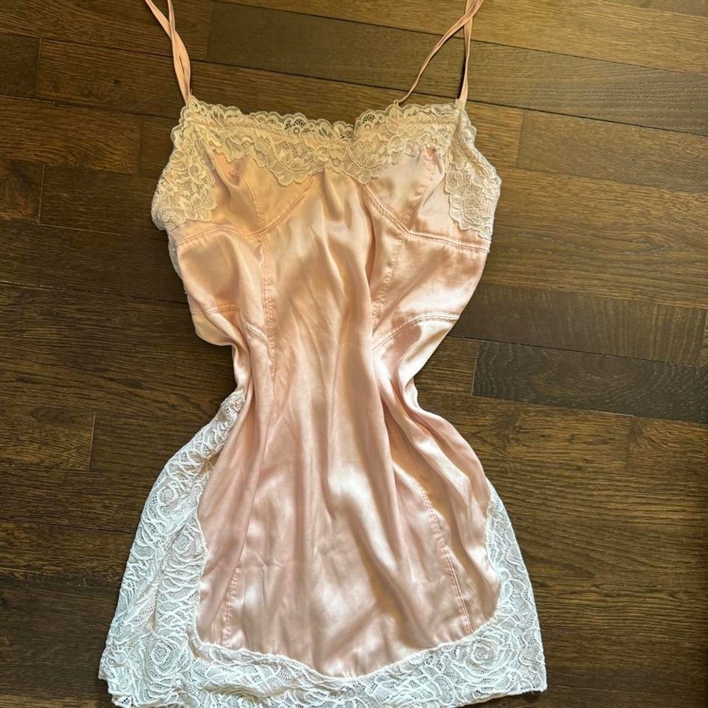 Free People Pink satin slip dress with white lace trim